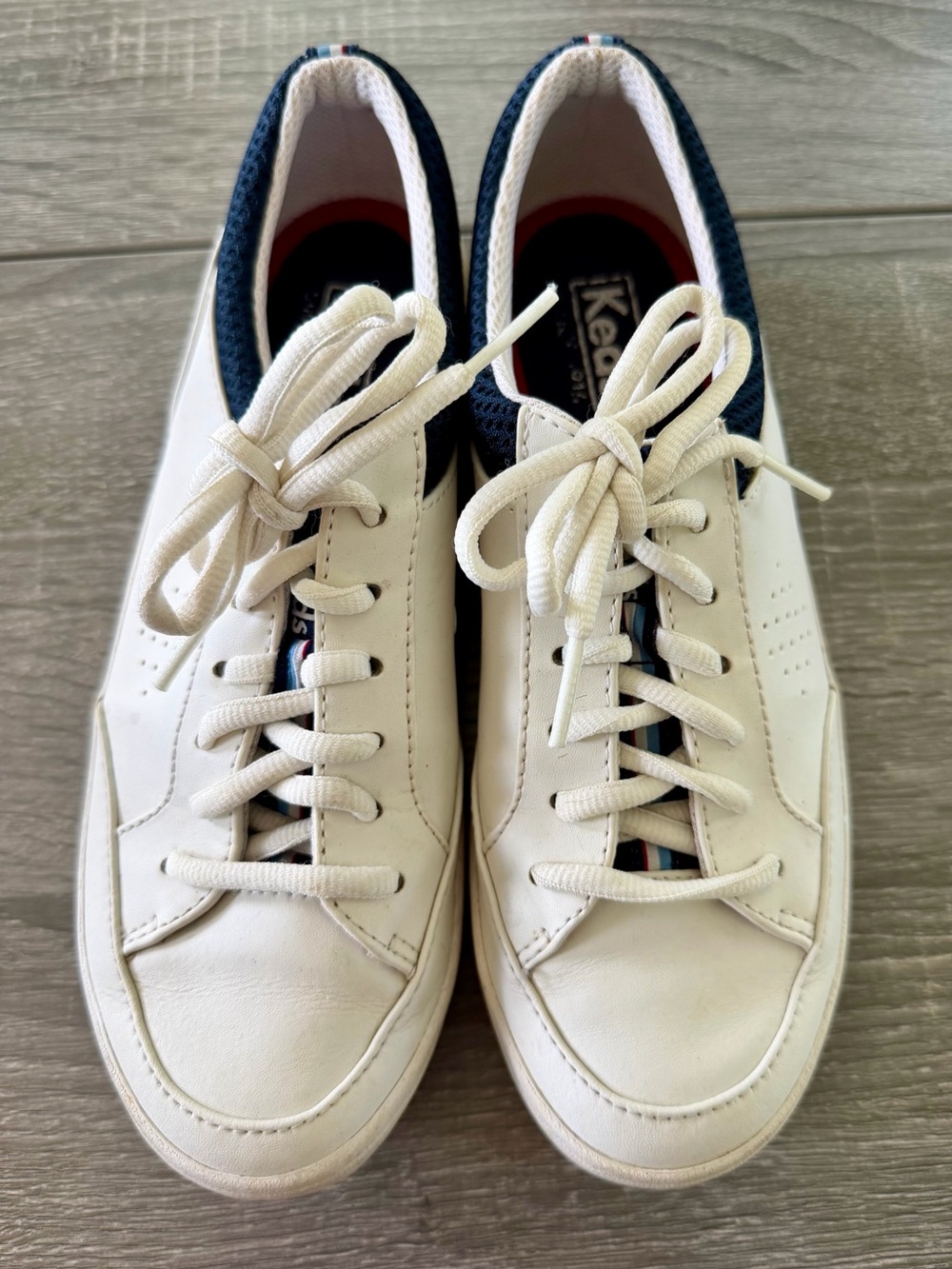 Keds Women’s 7.5 White Leather Navy Mesh Ortholite Lace Up Sneakers Tennis Shoes